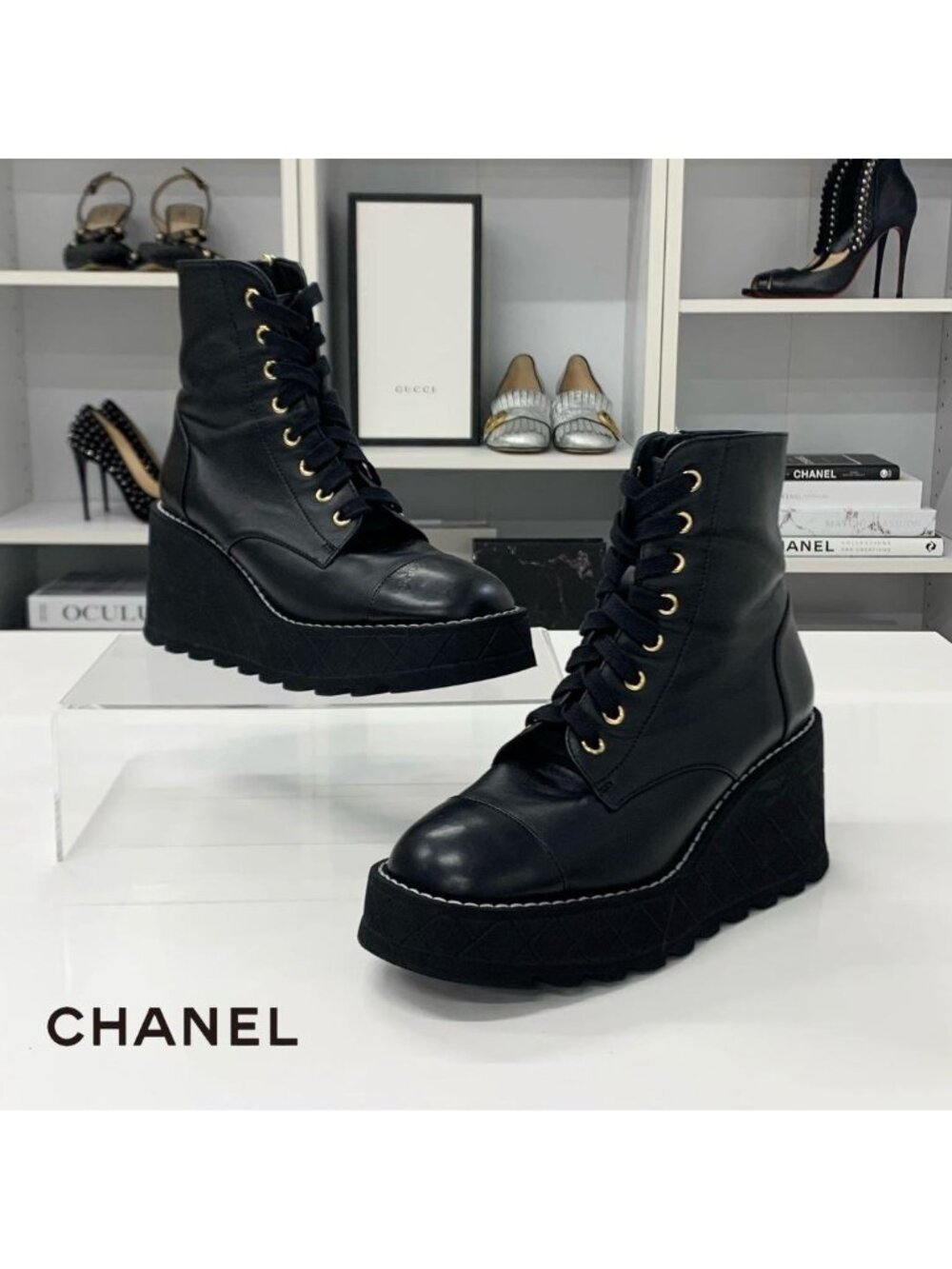 Chanel CC Logo Lambskin Wedge Sole Short Boots Black
